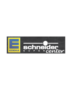 Brand banner showing the EDEKA logo on the left and the words 'schneider center' in white on a dark, textured background with a horizontal line and a white dot between lines.